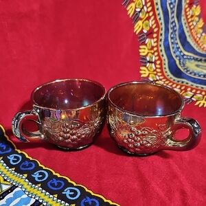 2 Carnival Punch Cups Amber Glass Amethyst Iridescence Grape & Cable Pattern